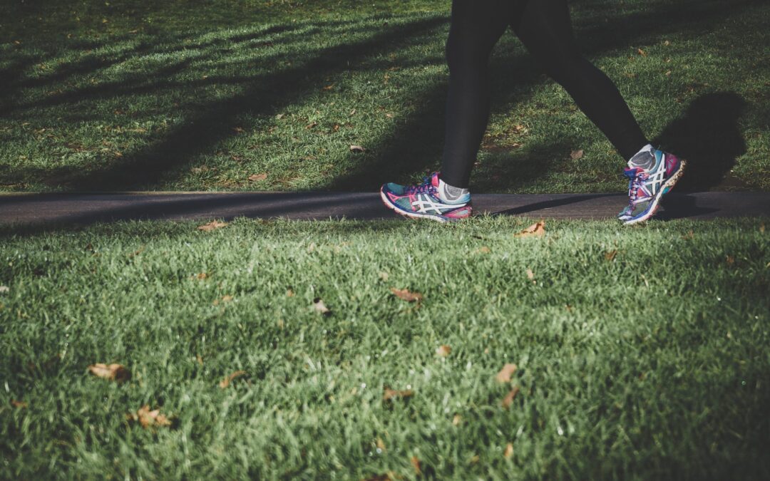 a person walking on a path with grass