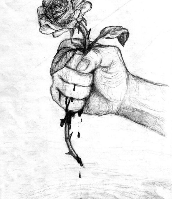 a pencil artwork of a man holding a rose with thorns, he's bleeding into water pooled at the bottom. The image is black and white.