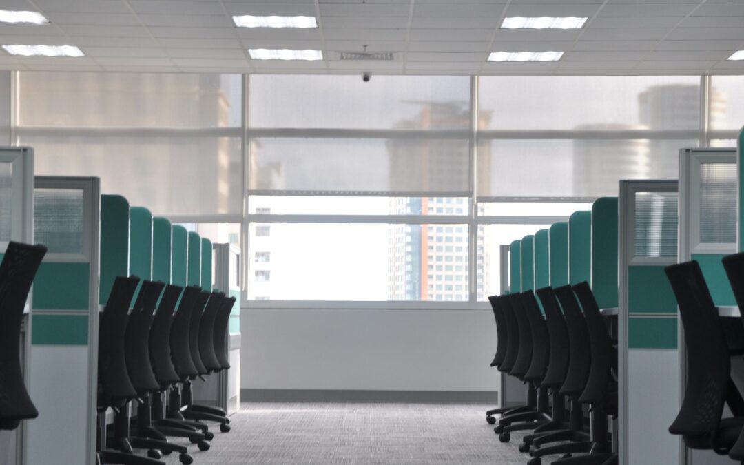 A room of cubicles in an office