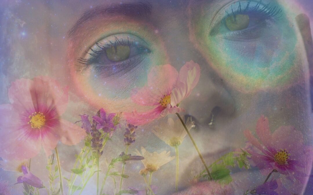 a persons face is superimposed over flowers the entire image is very colorful