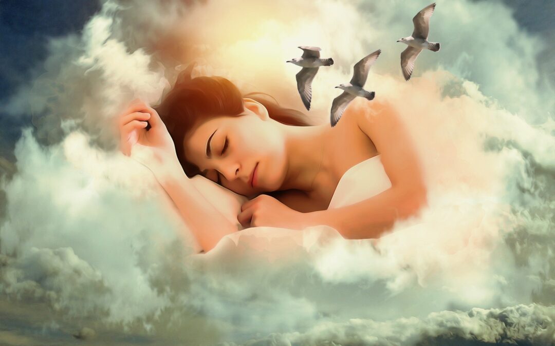 a vision of a woman sleeping and nestled in a cloud as seagulls fly in front of her.