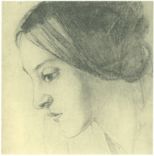 a hand drawn pencil drawing of a woman looking to the left .