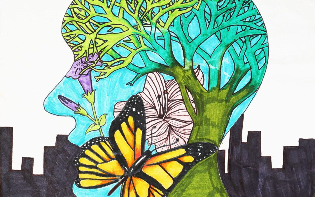 An artwork of a head who's interior is full of plants a tree and a butterfly