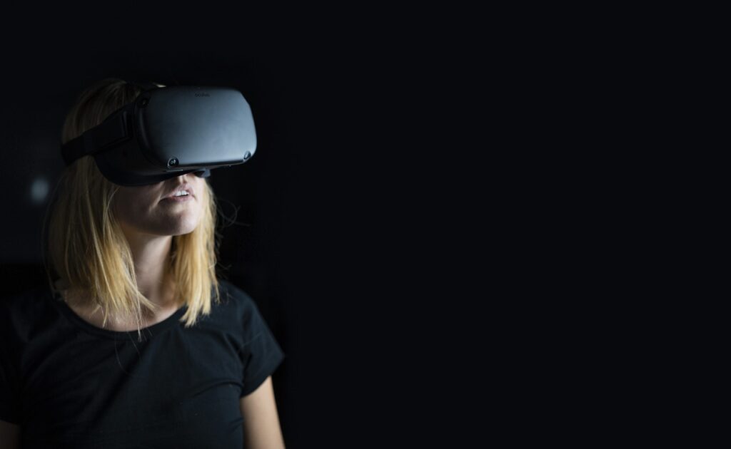 A woman wearing a virtual reality headset