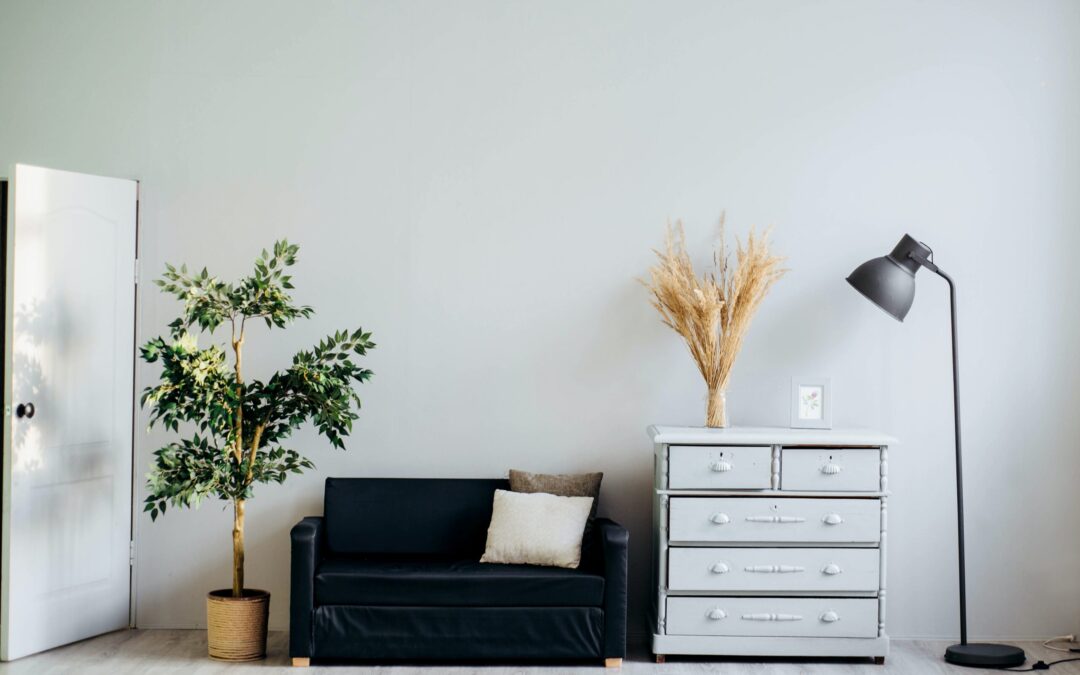 a room with couch and buro and potted tree. The room is white.