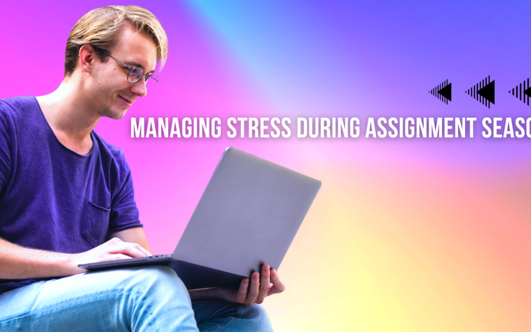 a MAN I is looking at a laptop, the text says - managing stress during assignment season