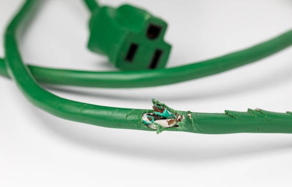 a green power cord is shown with a portion of the wire nibbled on by a rat, the wires shown exposed.