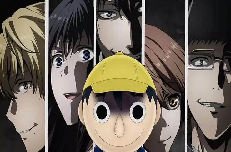 5 bars showing various anime faces from an anime, a large kids face that looks like a puppet is in the bottom center, possibly conan detective agency is the anime.