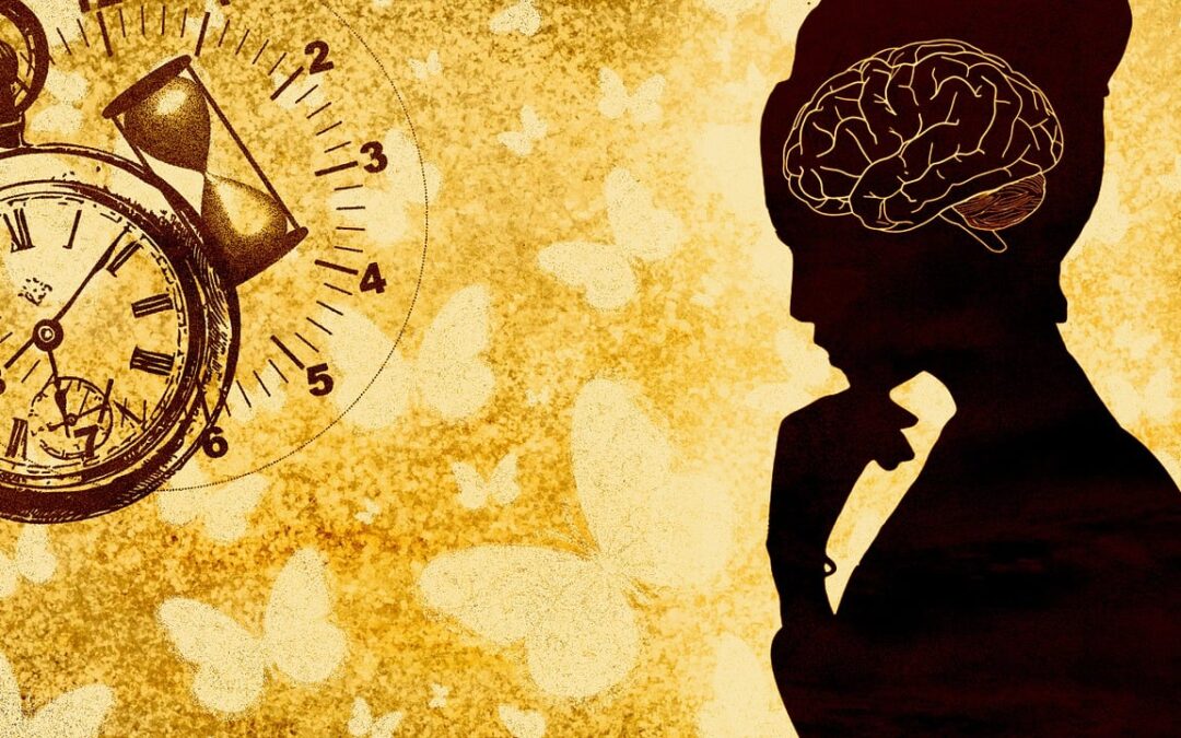 A silouette of a woman with her hand on her chin with a outline of a brain in her head, a clock and hour glass is depcited on the left side possibly what shes thinking about.