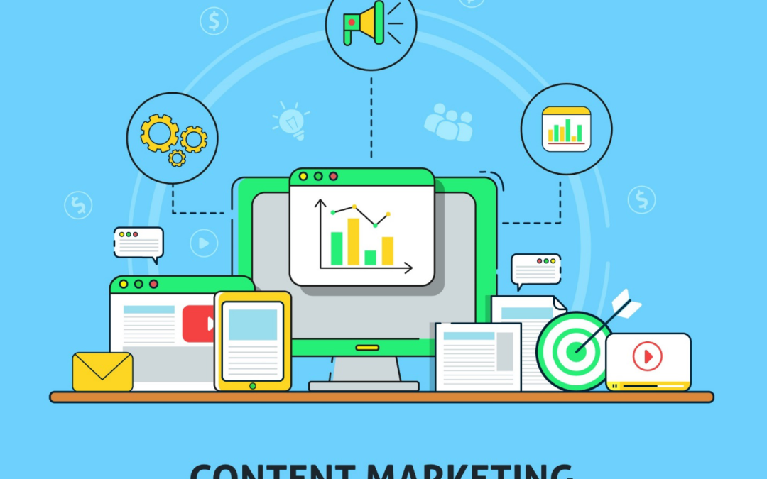 graphic design of a computer and different computer screens showing productivity - says content marketing on the bottom.