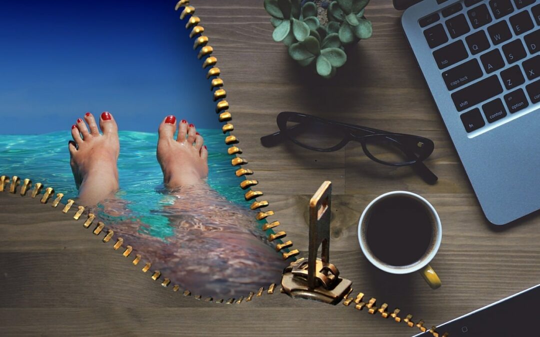 A desktop of a laptop and some coffee on the right and a zipper revealing a person floating leisurely in a pool on the right.