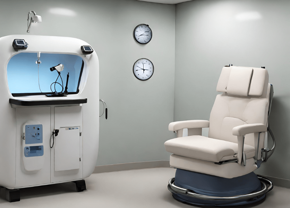 A chair in a lab with a unit that houses a camera for looking at things.