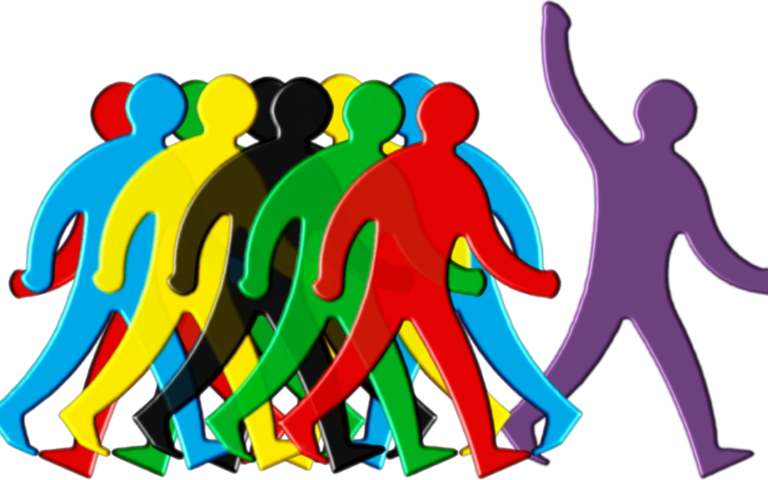 A graphic depicting 8 outlines of people with different colors. one is separate from the group and is purple.